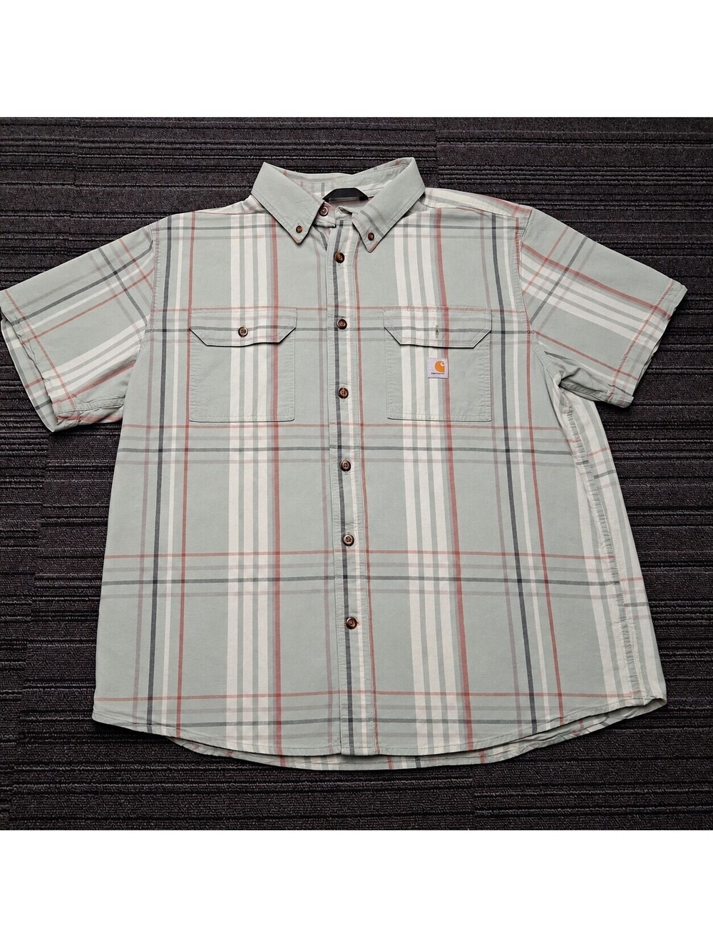 Carhartt Mens XL Loose Fit Gray Plaid Short Sleeve Button Up Work Shirt